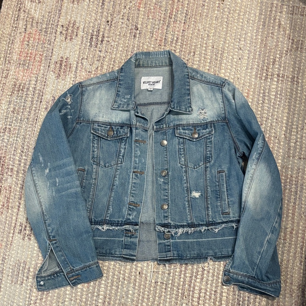 Distressed denim jacket. Size M. Cropped/boxy fit